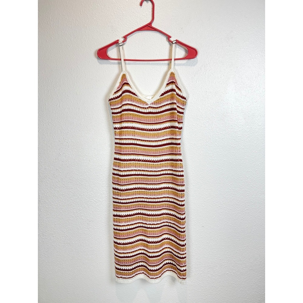 Olive + Oak Dress Large Striped Crochet Knit Midi Bodycon Boho Fall Festival